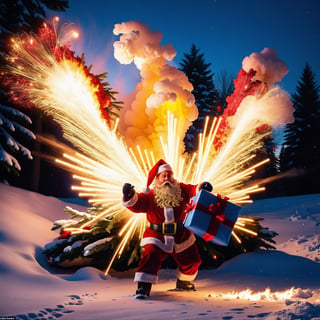 (furious Santa Claus burning a pile of gifts outside the house with a winter background),fire,destruction,angry expression,thick smoke,flames,red suit,white beard,sparkling sparks,blizzard,snow-covered ground,icy trees,chaotic scene,powerful motion,cold and windy atmosphere,dramatic lighting,emotionally charged,highly detailed,high contrast,realistic,concept art,harsh winter colors,strong visual impact  