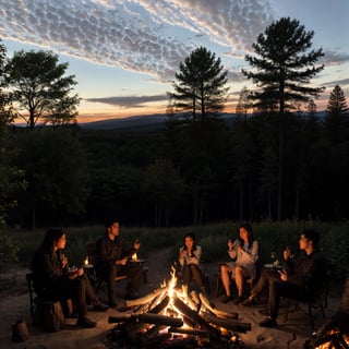 (highres:1.2),dramatic lighting,crackling flames,warm atmosphere,gathering,nighttime setting,cozy scene,flickering firelight,forest backdrop,roaring fire,smoke rising,people sitting around the fire,enjoying company,crisp air,stars in the sky,soft glow,magical ambiance,shadows dancing,marshmallow roasting,campfire songs