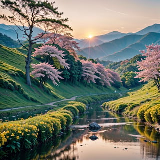 Deep forest, distant mountains, flying birds. Two-dimensional style, bright and vibrant, cherry blossoms cover the mountainside, the sunrise can be seen in the distance, a stream meanders, there are a few daffodils on the bank, the sunrise