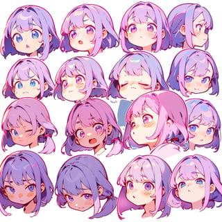 CharacterDesignSheet、The same character、gauges、Across、A sole)、illustratio、1 rapariga、pink and light blue、By bangs、Hairstyle half length、The eye、environment change、White background、Various expressions