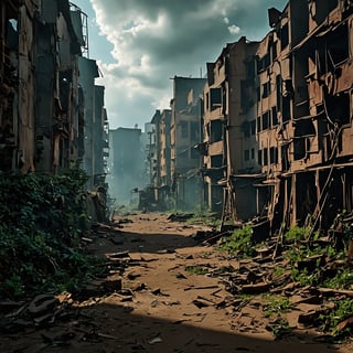 a desolate city, abandoned buildings, crumbling architecture, decaying infrastructure, overgrown vegetation, post-apocalyptic atmosphere, dramatic lighting, moody color palette, cinematic composition, (best quality,4k,8k,highres,masterpiece:1.2),ultra-detailed,(realistic,photorealistic,photo-realistic:1.37),dramatic shadows, gloomy sky, decrepit streets, rusting metal, shattered windows, dust and debris, sense of isolation, haunting ambience, atmospheric haze, melancholy tone, forgotten civilization