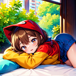 pokekid, pokekid, brown hood, hood, 1girl, best quality, outdoor, high definition, cute, lying on the cute bed,