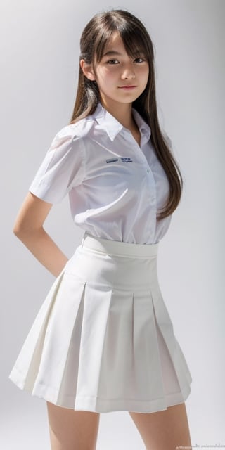 1girl, half body portrait, (age 13-16:1.4), gorgeous, (dynamic pose:0.8),studio lighting, white background, finnish-japanese  teen top model, bang, curly long hair, buns, heterochromia, white shirt, blue pleated  skirt, Thai student uniform