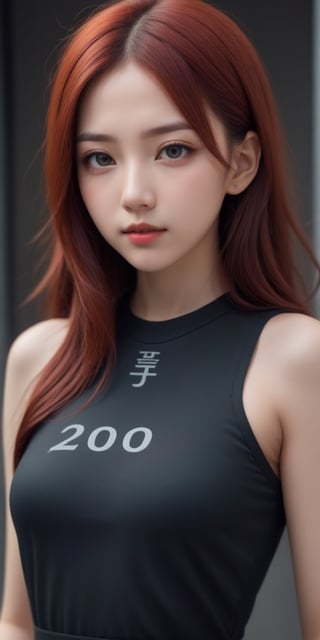 (text "200 Thanks" text logo:1.7), half body portrait of a European-Japanese brick red hair girl,,17 years old, by yoshitaka amano, attractive, stylish, designer, symmetrical, long drill hair, cyberpunk, abstract colors, nature, detailed background, see-thoughh summer dress, abstract background, sexy lingerie,Text,sdxl