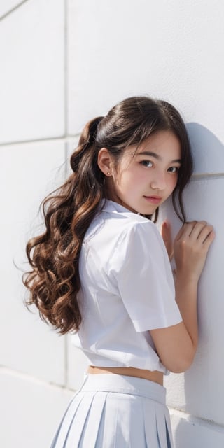 1girl, half body portrait, (age 13-16:1.4), gorgeous, (dynamic pose:0.8),studio lighting, white background, finnish-japanese  teen top model, bang, curly long hair, buns, heterochromia, white shirt, dark blue pleated  skirt, Thai student uniform