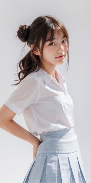 1girl, half body portrait, (age 13-16:1.4), gorgeous, (dynamic pose:0.8),studio lighting, white background, finnish-japanese  teen top model, bang, curly long hair, buns, heterochromia, white shirt, blue pleated  skirt, Thai student uniform