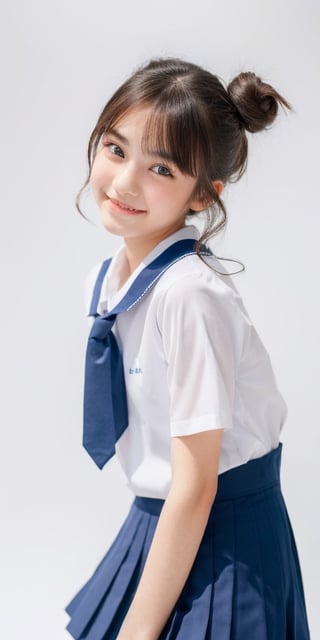 1girl, half body portrait, (age 13-16:1.4), gorgeous, (dynamic pose:0.8),studio lighting, white background, finnish-japanese  teen top model, bang, curly long hair, buns, heterochromia, white shirt, dark blue pleated  skirt, Thai student uniform