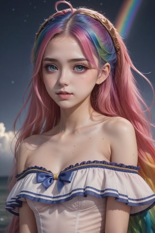 ((extremely detailed CG)),((8k_wallpaper)),(((masterpiece))),((best quality)),watercolor_(medium),((beautiful detailed starry sky)),cinmatic lighting,loli,princess,very long rainbow hair,side view,looking at viewer,full body,frills,(far from viewer),((extremely detailed face)),((an extremely delicate and beautiful girl)),((extremely detailed cute anime face)),((extremely detailed eyes)),(((extremely detailed body))),(ultra detailed),illustration,((bare stomach)),((bare shoulder)),small breast,((sideboob)),((((floating and rainbow hair)))),(((Iridescence and rainbow hair))),(((extremely detailed sailor dress))),((((Iridescence and rainbow dress)))),(Iridescence and rainbow eyes),beautiful detailed hair,beautiful detailed dress,dramatic angle,expressionless,(big top sleeves),frills,blush,(ahoge)