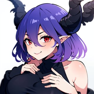 Vermeil, low cut, sexy, 1girls, purple hair, red eyes, white background