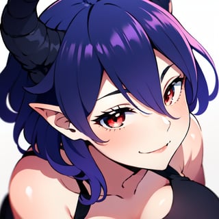 Vermeil, low cut, sexy, 1girls, purple hair, red eyes, white background