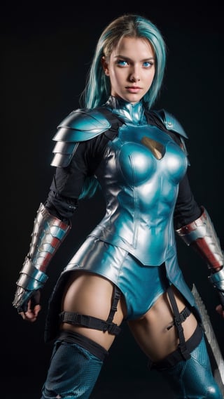 super sexy superheroines, centered, full body, | aqua hair color, light blue eyes, | super Sexy girl in full body platinum armor, armored thighs, pauldrons, wielding a sword | (simple background, black background:1.2),sophitia_whitedress_aiwaifu,cammy_green_bodysuit_aiwaifu