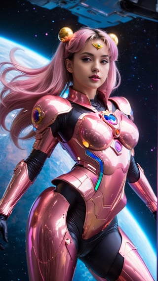 1(wide_angle _view, full_body_shot), (zero gravity, weightlessness, floating in space, floating_hair), Beautiful sailor moon saturn in a pink reflective robotic suit, cyborg style, Xenia Tchoumitcheva/Franziska Knuppe hybrid, (in space, stars, space battle, starships, light rails, light particles), 8k resolution concept art portrait by Greg Rutkowski, Artgerm, WLOP, random neon holographic, prismatic, dynamic lighting hyperdetailed intricately detailed Splash art trending on Artstation Unreal Engine 5 volumetric lighting golden ratio dynamic lighting retrofuturism cyberpunk 8k resolution synthwave vaporwave solarpunk futuristic retrofuturism,