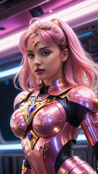 1(wide_angle _view, full_body_shot), (zero gravity, weightlessness, floating in space, floating_hair), Beautiful sailor moon saturn in a pink reflective robotic suit, cyborg style, Xenia Tchoumitcheva/Franziska Knuppe hybrid, (in space, stars, space battle, starships, light rails, light particles), 8k resolution concept art portrait by Greg Rutkowski, Artgerm, WLOP, random neon holographic, prismatic, dynamic lighting hyperdetailed intricately detailed Splash art trending on Artstation Unreal Engine 5 volumetric lighting golden ratio dynamic lighting retrofuturism cyberpunk 8k resolution synthwave vaporwave solarpunk futuristic retrofuturism,