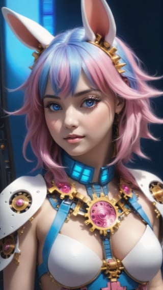 (masterpiece, top quality, best quality, official art, beautiful and aesthetic:1.2), (1 girl:1.4), Upper body portrait of a stunning and captivating character with (pink|blue hair:1.5), meticulously detailed in a mesmerizing and colorful (fractal art:1.3) style, featuring the highest level of detail and showcasing intricate (Mechanical modification:1.5).,bunnytech,ritsu______co