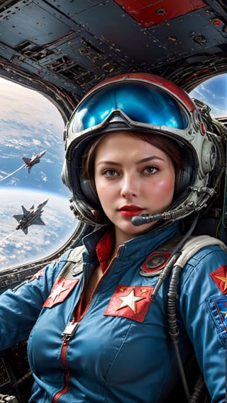 4masterpiece, best quality, ultra high resolution, visually stunning, beautiful, award-winning art (abstract art: 1.3), beautiful ))), A very beautiful Russian soviet female comunismpunk pilot in the cockpit of a space fighter in the distant future. A wounded woman in a flight suit covered in blood leads a space fight,more detail XL,More Detail