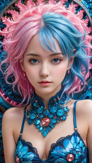 (masterpiece, top quality, best quality, official art, beautiful and aesthetic:1.2), (1 girl:1.4), Upper body portrait of a stunning and captivating character with (pink|blue hair:1.5), meticulously detailed in a mesmerizing and colorful (fractal art:1.3) style, featuring the highest level of detail and showcasing intricate (Mechanical modification:1.5).