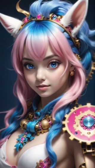 (masterpiece, top quality, best quality, official art, beautiful and aesthetic:1.2), (1 girl:1.4), Upper body portrait of a stunning and captivating character with (pink|blue hair:1.5), meticulously detailed in a mesmerizing and colorful (fractal art:1.3) style, featuring the highest level of detail and showcasing intricate (Mechanical modification:1.5).,bunnytech,ritsu______co