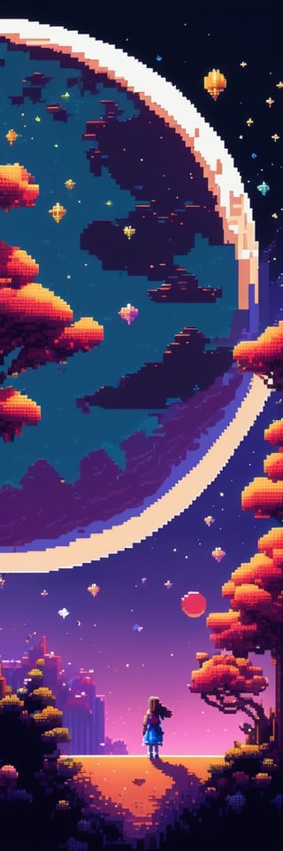 Pixel-Art Adventure featuring a Girl: and a Cat Pixelated girl character, vibrant 8-bit environment, reminiscent of classic games.,Leonardo Style 
((Full Moon)) Planets (((Night Sky)))