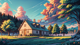 medieval era,a single house, beautiful house, trees, forest,  small Stone Entrances farm, Cloud,Sky,Green,Natural landscape, day time, heavenly cloudy, Makoto Shinkai anime,ghibli style,