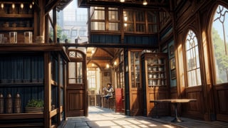 masterpiece, best quality,small cafe, medieval era, from inside view, viewer looking at glass, detail interior,beautiful street, detail perspective, 2 point perspective, day time, local shops, Studio Ghibli, Makoto Shinkai anime style
