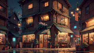 masterpiece, best quality,small cafe, medieval era, from inside view, viewer looking outside the glass, detail interior,beautiful street, detail perspective, 2 point perspective, day time, local shops, Studio Ghibli, Makoto Shinkai anime style