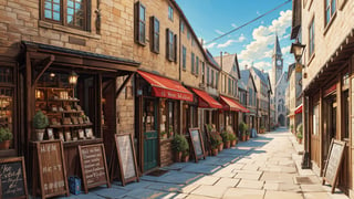 masterpiece, best quality,small cafe, medieval era, outside view, beautiful street, detail perspective, 2 point perspective, day time, local shops, street view,