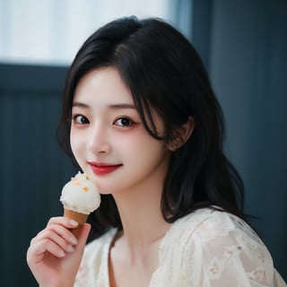 Korean Girl Eating Ice cream, Sexy, hyper realistic lifelike texture dramatic lighting unreal engine trending on art station, award winning photo, nikon RAW photo,8 k, Fujifilm XT3,masterpiece, best quality, realistic, photorealistic, ultra detailed,smile 