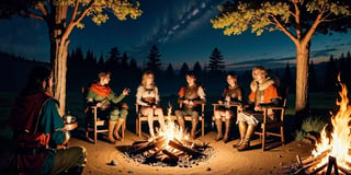 a group of fantasy medieval traveler in a campfire, windy night, cold nights, medieval fantasy forest, cinematic