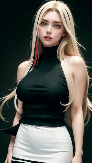 (photorealistic:1.4), large eyes, (deep green eyes:1.1), drooping eyes, perfect breasts, white skin, (blonde and black streaked hair:1.3), long flowing hair, bare shoulder turtleneck shirts, mini skirt, full body view, [:(see-through stole:1.3):30]