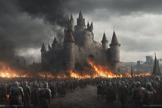 a big castle in a siege, cinematic shot, sorrounded by army, fire everywhere, medieval castle, medieval targaryen army, a big city in the background, gloomy sky, greg rutkowski