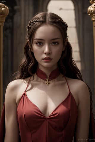 young red woman, red priest, in red temple, game of thrones, masterpiece, best quality (detailed face, detailed skin texture, ultra detailed body), (cinematic light: 1.1), very detailed, 1girl,