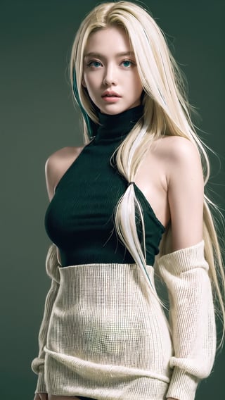 (photorealistic:1.4), large eyes, (deep green eyes:1.1), drooping eyes, perfect breasts, white skin, (blonde and black streaked hair:1.3), long flowing hair, bare shoulder turtleneck shirts, mini skirt, full body view, [:(see-through stole:1.3):30]