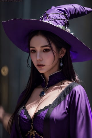 dalcefo, (a medieval witch in purple clothes), 1girl, modelshoot style, intricate details, masterpiece, cinematic lighting, dramatic, trending on artstation, highly detailed body, highly detailed face, ultra resolution, painting art by greg rutkowski and ruan jia, ilya kuvshinov fantasy ambiance