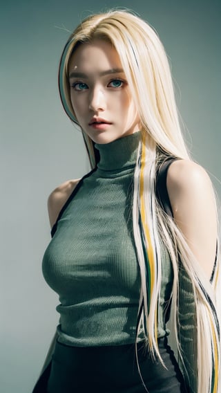 (photorealistic:1.4), large eyes, (deep green eyes:1.1), drooping eyes, perfect breasts, white skin, (blonde and black streaked hair:1.3), long flowing hair, bare shoulder turtleneck shirts, mini skirt, full body view, [:(see-through stole:1.3):30]