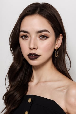 woman, adelaideKane, long brown hair, brown eyes, button nose, (black lipstick), full face makeup, cream colored full halter dress portrait, (high detailed skin:1.2), mid-twenty, white background, (medium shot:1.4),