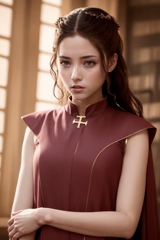 young red woman, red priest, in red temple, game of thrones, masterpiece, best quality (detailed face, detailed skin texture, ultra detailed body), (cinematic light: 1.1), very detailed, 1girl,