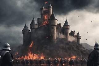 a big castle in a siege, cinematic shot, sorrounded by army, fire everywhere, medieval castle, medieval targaryen army, a big city in the background, gloomy sky