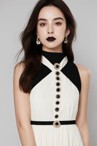 woman, adelaideKane, long brown hair, brown eyes, button nose, (black lipstick), full face makeup, cream colored full halter dress portrait, (high detailed skin:1.2), mid-twenty, white background, (medium shot:1.4),