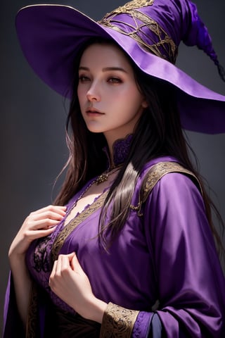 dalcefo, (a medieval witch in purple clothes), 1girl, modelshoot style, intricate details, masterpiece, cinematic lighting, dramatic, trending on artstation, highly detailed body, highly detailed face, ultra resolution, painting art by greg rutkowski and ruan jia, ilya kuvshinov fantasy ambiance