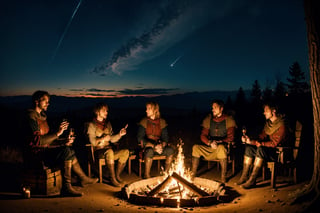 a group of fantasy medieval traveler in a campfire, windy night, cold nights, medieval fantasy forest, cinematic