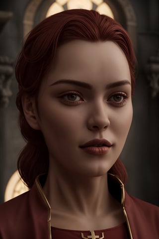 young red woman, red priest, in red temple, game of thrones, masterpiece, best quality (detailed face, detailed skin texture, ultra detailed body), (cinematic light: 1.1), very detailed, 1girl,