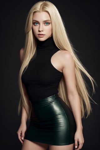 (photorealistic:1.4), large eyes, (deep green eyes:1.1), drooping eyes, perfect breasts, white skin, (blonde and black streaked hair:1.3), long flowing Rapunzel hair, BREAK bare shoulder turtleneck shirts, mini skirt, stole, [:(see-through stole:1.3):30]