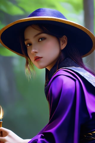 dalcefo, (a medieval witch in purple clothes), 1girl, modelshoot style, intricate details, masterpiece, cinematic lighting, dramatic, trending on artstation, highly detailed body, highly detailed face, ultra resolution, painting art by greg rutkowski and ruan jia, ilya kuvshinov fantasy ambiance