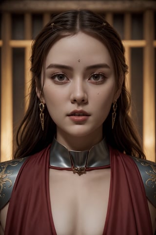 young red woman, red priest, in red temple, game of thrones, masterpiece, best quality (detailed face, detailed skin texture, ultra detailed body), (cinematic light: 1.1), very detailed, 1girl,