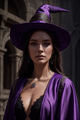 dalcefo, (a medieval witch in purple clothes), 1girl, modelshoot style, intricate details, masterpiece, cinematic lighting, dramatic, trending on artstation, highly detailed body, highly detailed face, ultra resolution, painting art by greg rutkowski and ruan jia, ilya kuvshinov fantasy ambiance