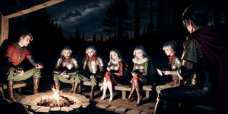 a group of fantasy medieval traveler in a campfire, windy night, cold nights, medieval fantasy forest, cinematic