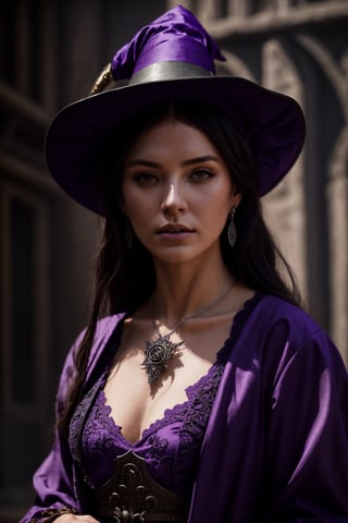 dalcefo, (a medieval witch in purple clothes), 1girl, modelshoot style, intricate details, masterpiece, cinematic lighting, dramatic, trending on artstation, highly detailed body, highly detailed face, ultra resolution, painting art by greg rutkowski and ruan jia, ilya kuvshinov fantasy ambiance