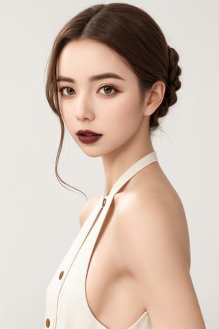 woman, adelaideKane, long brown hair, brown eyes, button nose, (black lipstick), full face makeup, cream colored full halter dress portrait, (high detailed skin:1.2), mid-twenty, white background, (medium shot:1.4),