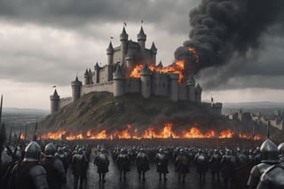 a big castle in a siege, cinematic shot, sorrounded by army, fire everywhere, medieval castle, medieval targaryen army, a big city in the background, gloomy sky