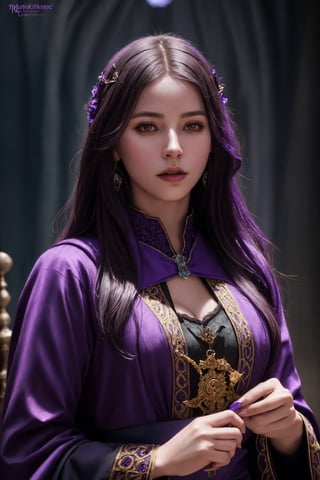 dalcefo, (a medieval witch in purple clothes), 1girl, modelshoot style, intricate details, masterpiece, cinematic lighting, dramatic, trending on artstation, highly detailed body, highly detailed face, ultra resolution, painting art by greg rutkowski and ruan jia, ilya kuvshinov fantasy ambiance